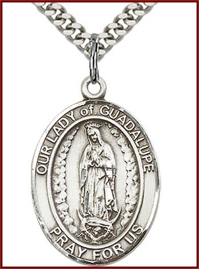Our Lady of Guadalupe Medal, Sterling Silver, 1"x3/4", your choice of chain, # 48763