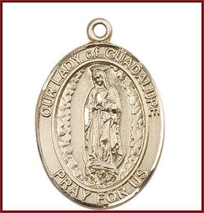 Our Lady of Guadalupe Medal, Solid 18kt Gold, 1"x3/4", Free Chain, # 48766
