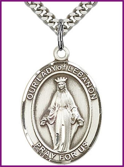 Our Lady of Lebanon Medal, Sterling Silver, 1"x3/4", Your Choice of Chain, # 48783