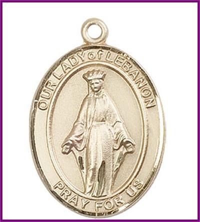 Our Lady of Lebanon Medal, Solid 14kt Gold, 1"x3/4", Free Chain, # 48785
