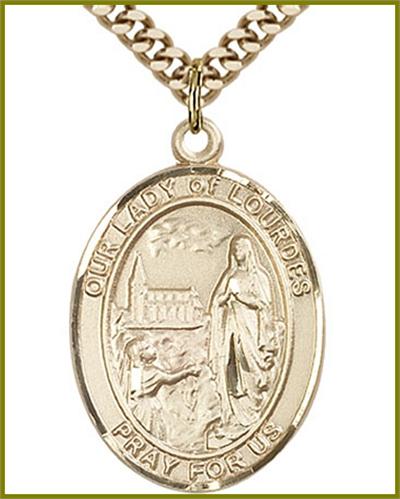 Our Lady of Lourdes Medal, 14kt Gold Filled, 1"x3/4", Your Choice of Chain, # 48791