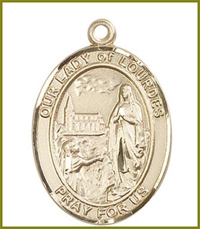 Our Lady of Lourdes Medal, Solid 18kt Gold, 1"x3/4", Free Chain, # 48793