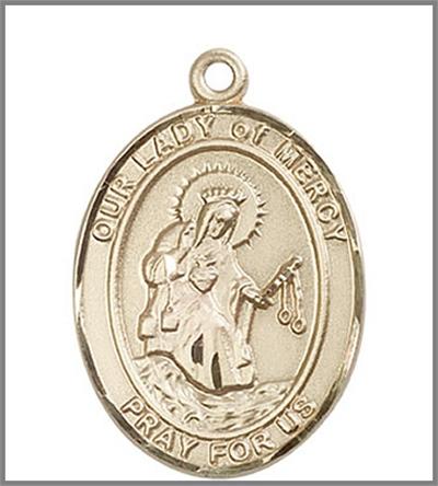 Our Lady of Mercy Medal, Solid 14kt Gold, 1"x3/4", Free Chain, # 48796