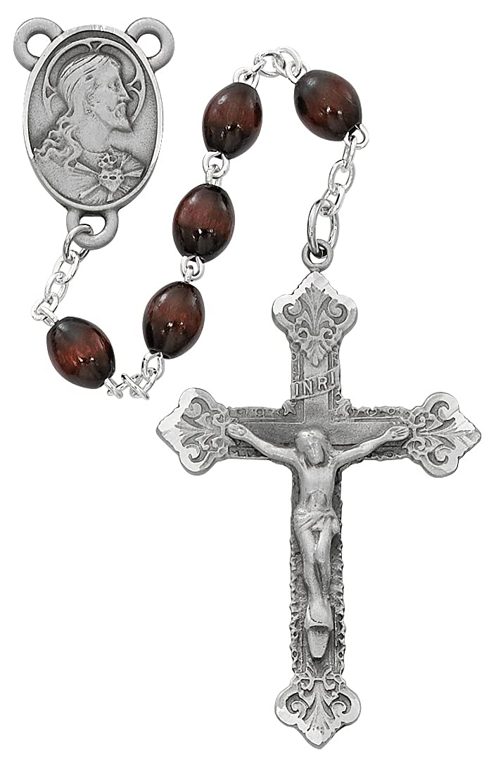Sacred Heart Rosary, 4x6mm Brown Wood Beads, Pewter Center and 2" Crucifix # 21231