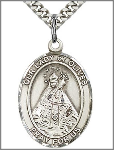 Our Lady of Olives Medal, Sterling Silver, 1"x3/4", Your Choice of Chain, # 48802