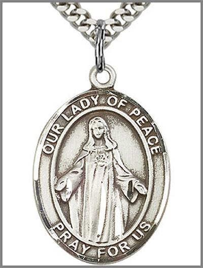 Our Lady of Peace Medal, Sterling Silver, 1"x3/4", Your Choice of Chain, # 48806