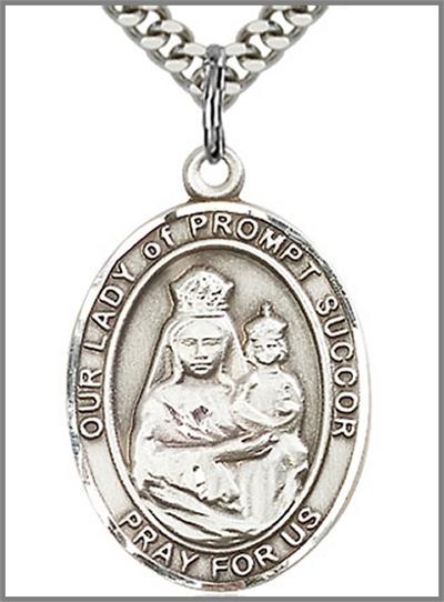 Our Lady of Prompt Succor Medal, Sterling Silver, 1"x3/4", Your Choice of Chain, # 48814