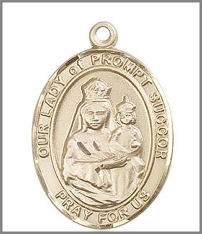 Our Lady of Prompt Succor Medal, Solid 14kt Gold, 1"x3/4", Free Chain, # 48816