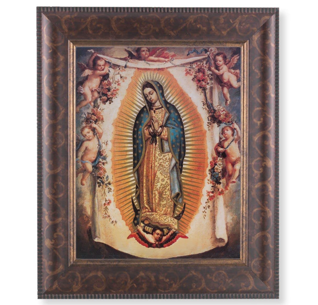Our Lady of Guadalupe with Angels Picture, 11-1/4"x13-1/4, Antique Gold & Espresso Frame, Italian Print Under Glass # 25838