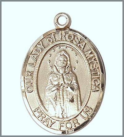 Our Lady of Rosa Mystica Medal, Solid 18kt Gold, 1"x3/4", Free Chain, # 48825