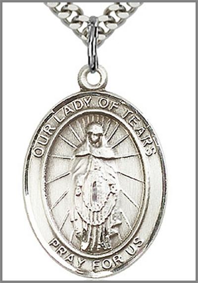 Our Lady of Tears Medal, Sterling Silver, 1"x3/4", Your Choice of Chain, # 48829