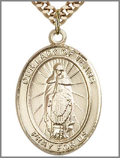 Our Lady of Tears Medal, 14kt Gold Filled, 1"x3/4", Your Choice of Chain, # 48830