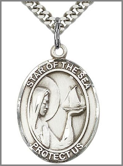 Our Lady Star of the Sea Medal, Sterling Silver, 1"x3/4", Your Choice of Chain, # 48842