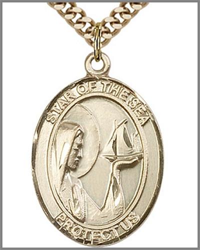 Our Lady Star of the Sea Medal, 14kt Gold Filled, 1"x3/4", Your Choice of Chain, # 48843