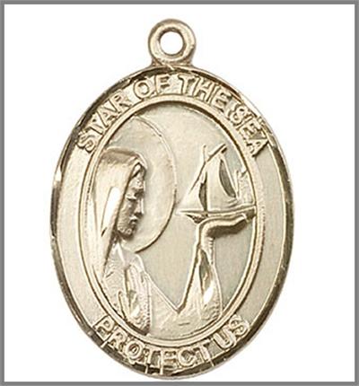 Our Lady Star of the Sea Medal, Solid 14kt Gold, 1"x3/4", Free Chain, # 48844