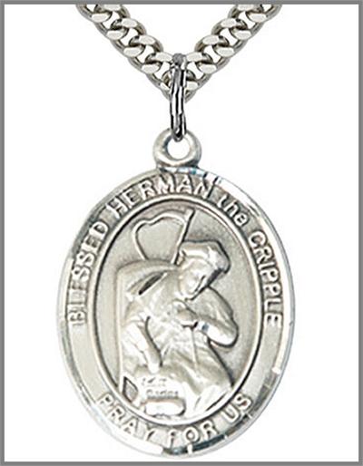 Blessed Herman the Cripple Medal, Sterling Silver, 1"x3/4", 24" Silver-Tone Chain, # 48862