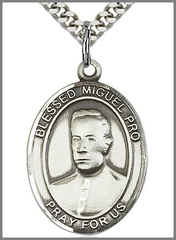 Blessed Miguel Pro Medal, Sterling Silver, 1"x3/4", 24" Silver-Tone Chain, # 48868