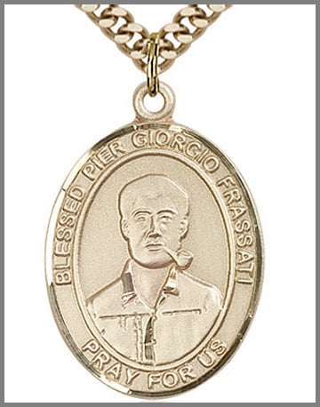 Blessed Pier Giorgio Frassati Medal, 14kt Gold Filled, 1"x3/4", 24" Gold Plated Chain, # 48872