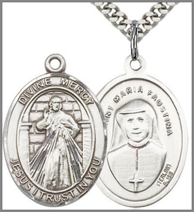 Divine Mercy / Maria Faustina Medal, Sterling Silver, 1", 24" Silver-Tone Chain, # 48882
