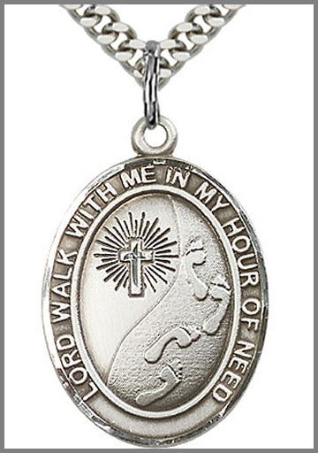 Footprints / Cross Medal, Sterling Silver, 1"x3/4", 24" Silver-Tone Chain, # 48883