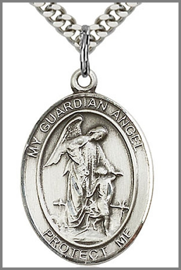 Guardian Angel Medal, Sterling Silver, 1"x3/4", 24" Silver-Tone Chain, # 48887