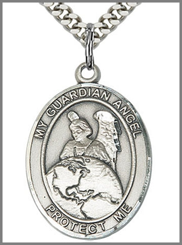 Guardian Angel Protector Medal, Sterling Silver, 1"x3/4", 24" Silver-Tone Chain, # 48891