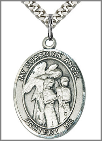 Guardian Angel with Children Medal, Sterling Silver, 1"x3/4", 24" Silver-Tone Chain, # 48892