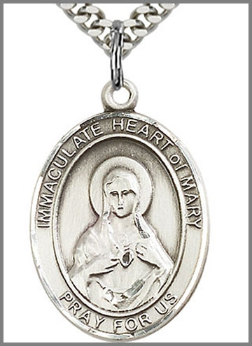 Immaculate Heart of Mary Medal, Sterling Silver, 1"x3/4", 24" Silver-Tone Chain, # 48895