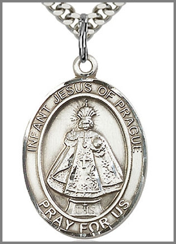 Infant of Prague Medal, Sterling Silver, 1"x3/4", 24" Silver-tone Chain, # 48896