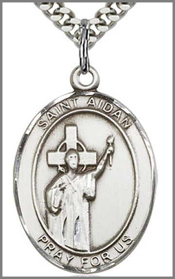 St. Aidan of Lindesfarne Medal, Sterling Silver, 1"x3/4", Your Choice of Chain, # 48943