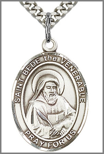St. Bede the Venerable Medal, Sterling Silver, 1"x3/4", Your Choice of Chain, # 49040
