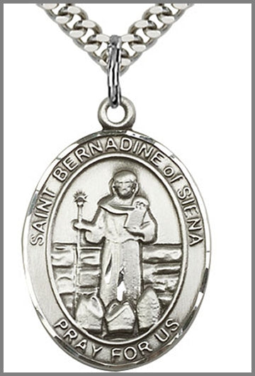 St. Bernadine of Siena Medal, Sterling Silver, 1"x3/4", Your Choice of Chain, # 49053
