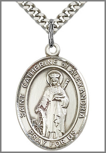 St. Catherine of Alexandria Medal, Sterling Silver, 1"x3/4", Your choice of chain, # 49098