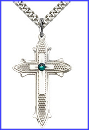 1-3/8" Sterling Silver Cross, Your Choice of 3mm Swarovski Birthstone (Emerald Displayed), your choice of chain, # 48403