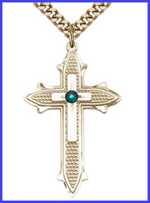 1-3/8" 14kt Gold Filled Cross, Your Choice of 3mm Swarovski Birthstone (Emerald Displayed), your choice of chain, # 48404