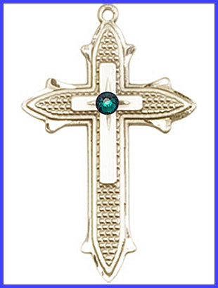 1-3/8" Solid 18kt Gold Cross, Your Choice of 3mm Swarovski Birthstone (Emerald Displayed), Free Chain, # 48406
