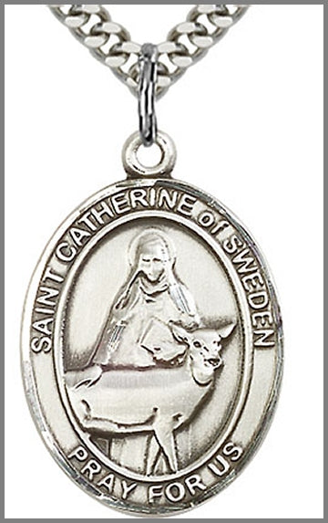 St. Catherine of Sweden Medal, Sterling Silver, 1"x3/4", Your choice of chain, # 49112