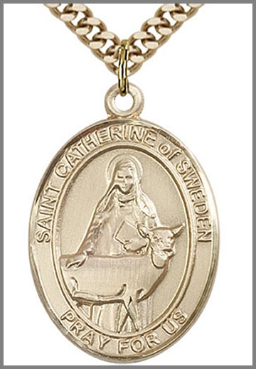 St. Catherine of Sweden Medal, 14kt Gold Filled, 1"x3/4", Your Choice of Chain, # 49113