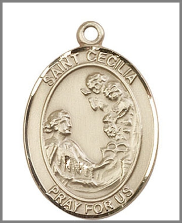 St. Cecilia Medal, Solid 18kt Gold, 1"x3/4", Free Chain, # 49118