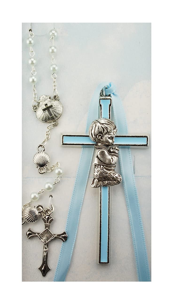 Praying Baby Boy Blue Cross & Rosary Set, 3-1/2" Cross with 3mm Beads # 21557