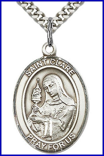 St. Clare of Assisi Medal, Sterling Silver, 1"x3/4", Your choice of chain, # 49229