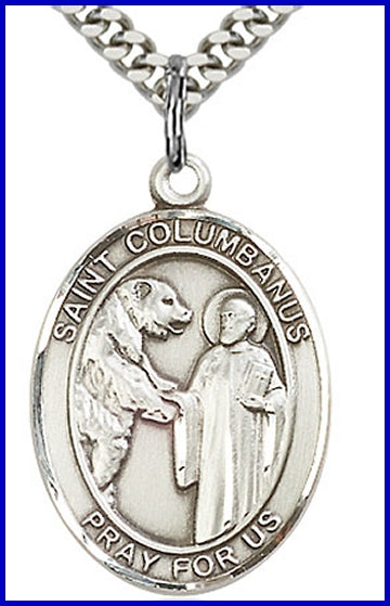 St. Columbanus Medal, Sterling Silver, 1"x3/4", Your choice of chain, # 49244