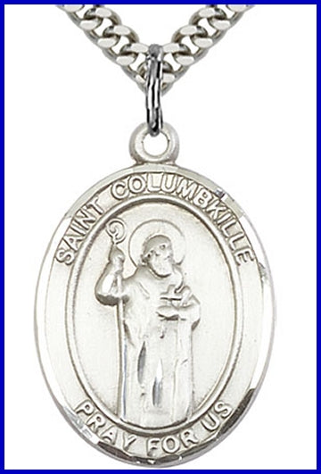 St. Columbkille Medal, Sterling Silver, 1"x3/4", Your choice of chain, # 49246