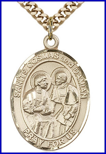 Sts. Cosmas & Damian Medal, 14kt Gold Filled, 1"x3/4", Your choice of chain, # 49250