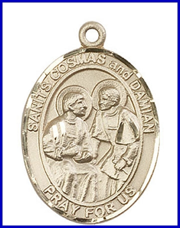 Sts. Cosmas & Damian Medal, Solid 14kt Gold, 1"x3/4", Free Chain, # 49251