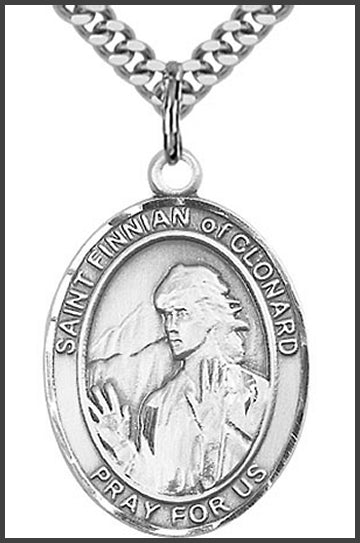 St. Finnian of Clonard Medal, Sterling Silver, 1"x3/4", Your choice of chain, # 49277