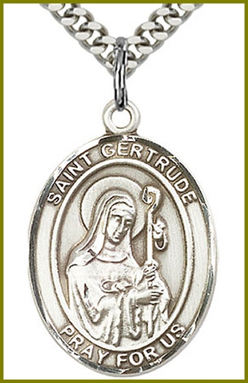 St. Gertrude of Nivelles Medal, Sterling Silver, 1"x3/4", Your choice of chain, # 49335
