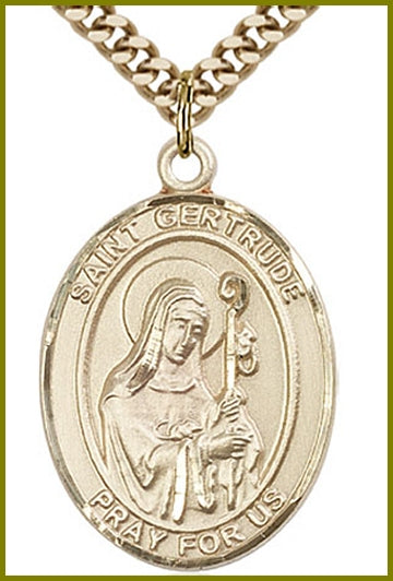 St. Gertrude of Nivelles Medal, Solid 14kt Gold, 1"x3/4", Free Chain, # 49337