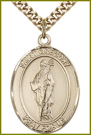 St. Gregory the Great Medal, Solid 14kt Gold, 1"x3/4", Free Chain, # 49351