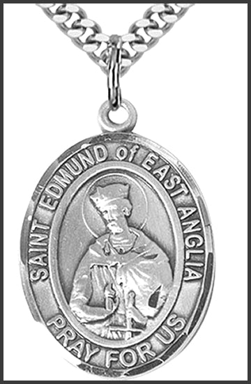St. Edmund of East Anglia Medal, Sterling Silver, 1"x3/4", Your choice of chain, # 49378